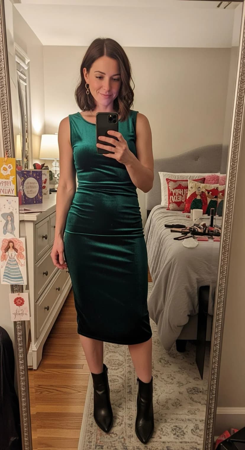 Emerald Velvet Midi Dress + Black Ankle Boots
