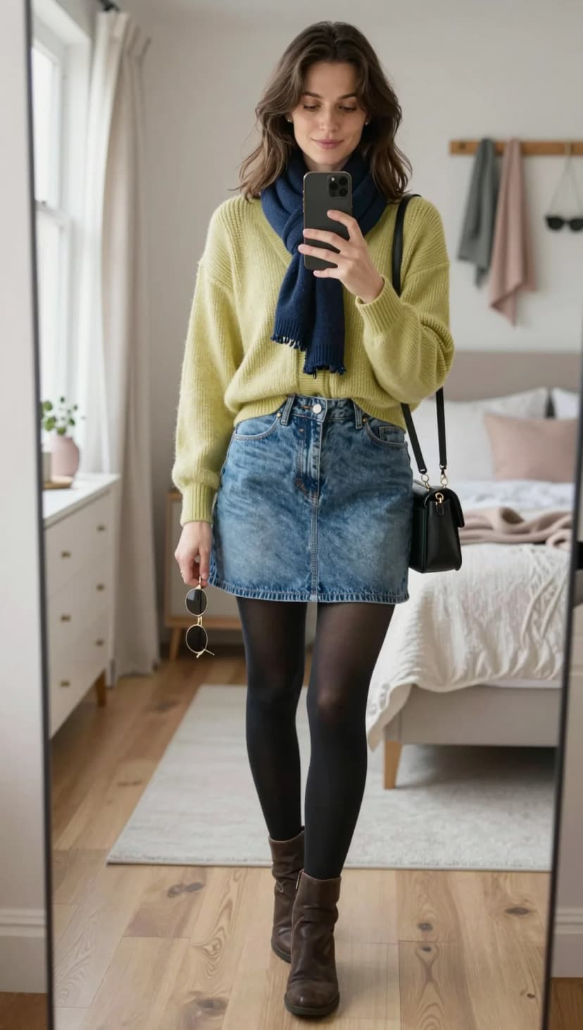 Lime Green Cardigan + Blue Denim Mini Dress + Black Tights + Brown Suede Boots