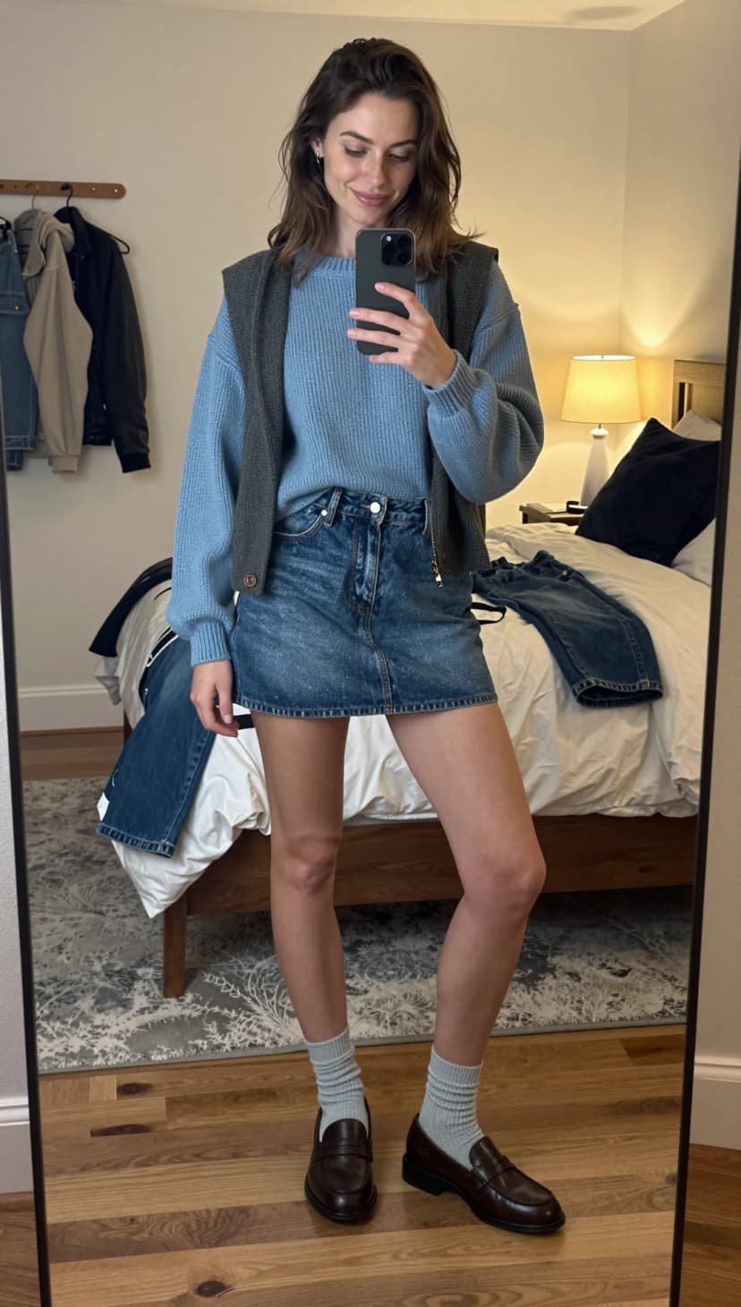 Dusty Blue Knit Sweater + Washed Denim Mini Skirt + Black Loafers - Variant 1