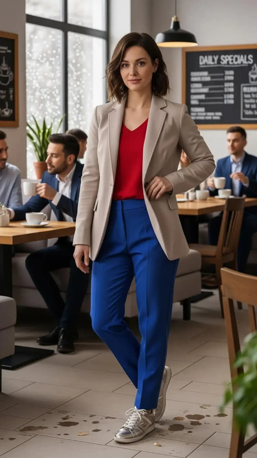 Beige Blazer + Red Top + Blue Trousers + Silver Sneakers