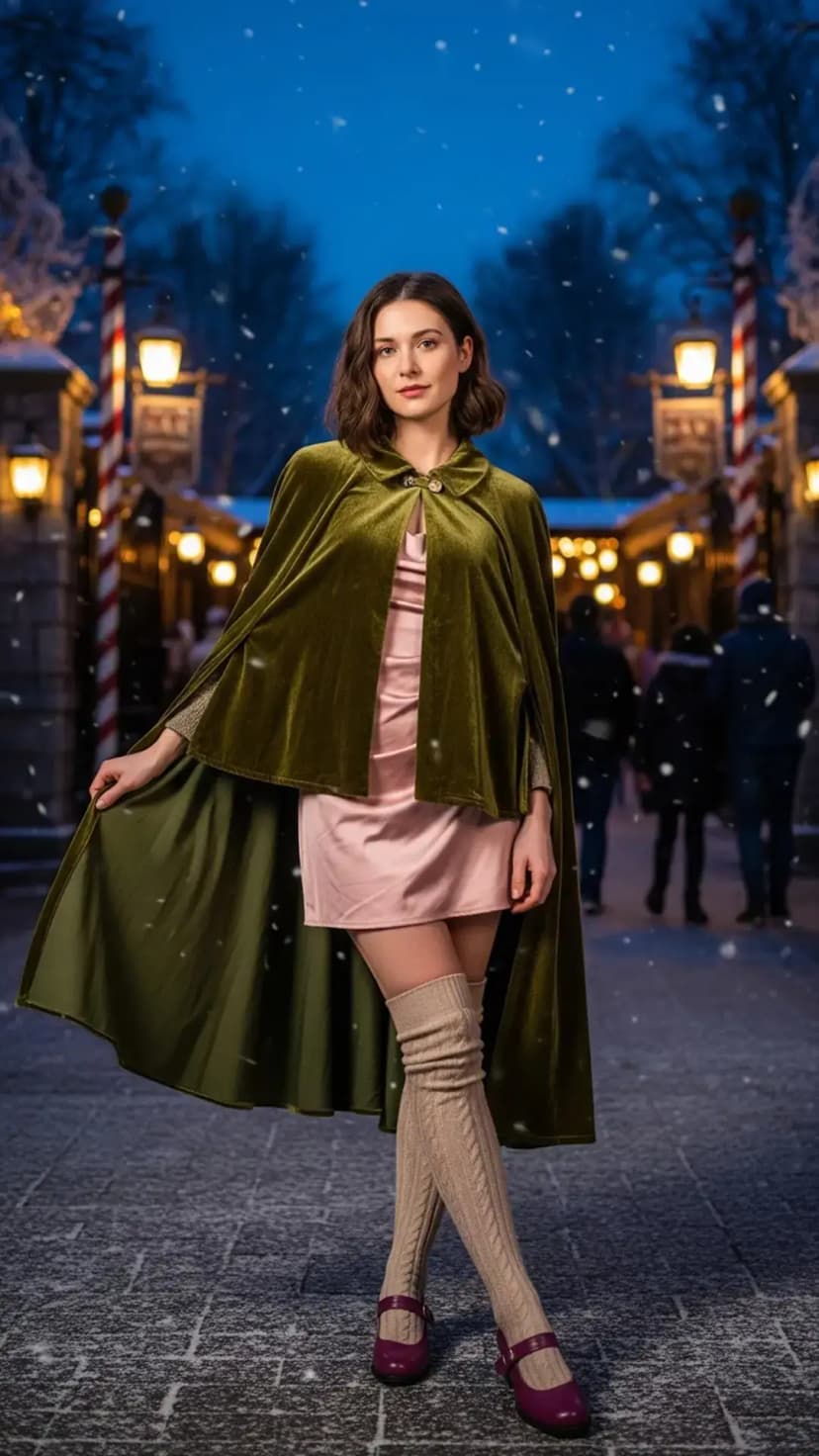 Pink Satin Mini Dress + Olive Velvet Cape + Beige Knee-High Socks + Purple Mary Janes