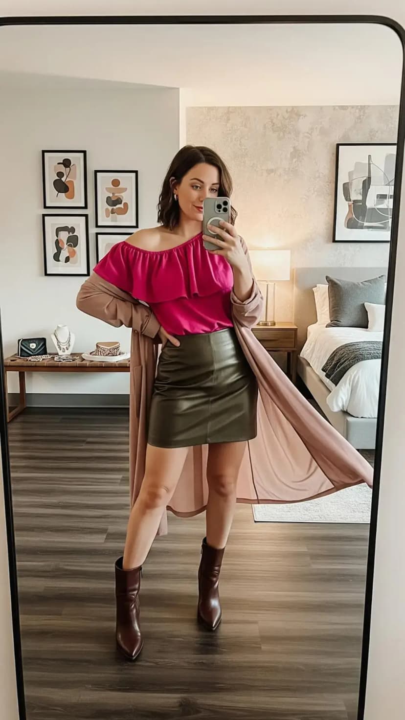 Hot Pink Ruffle Top + Olive Leather Mini Skirt + Long Duster Cardigan + Brown Ankle Boots