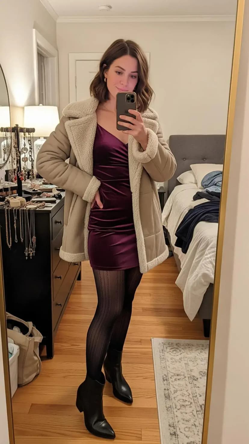 Plum Velvet Mini Dress + Beige Shearling Coat + Patterned Black Tights + Black Ankle Boots