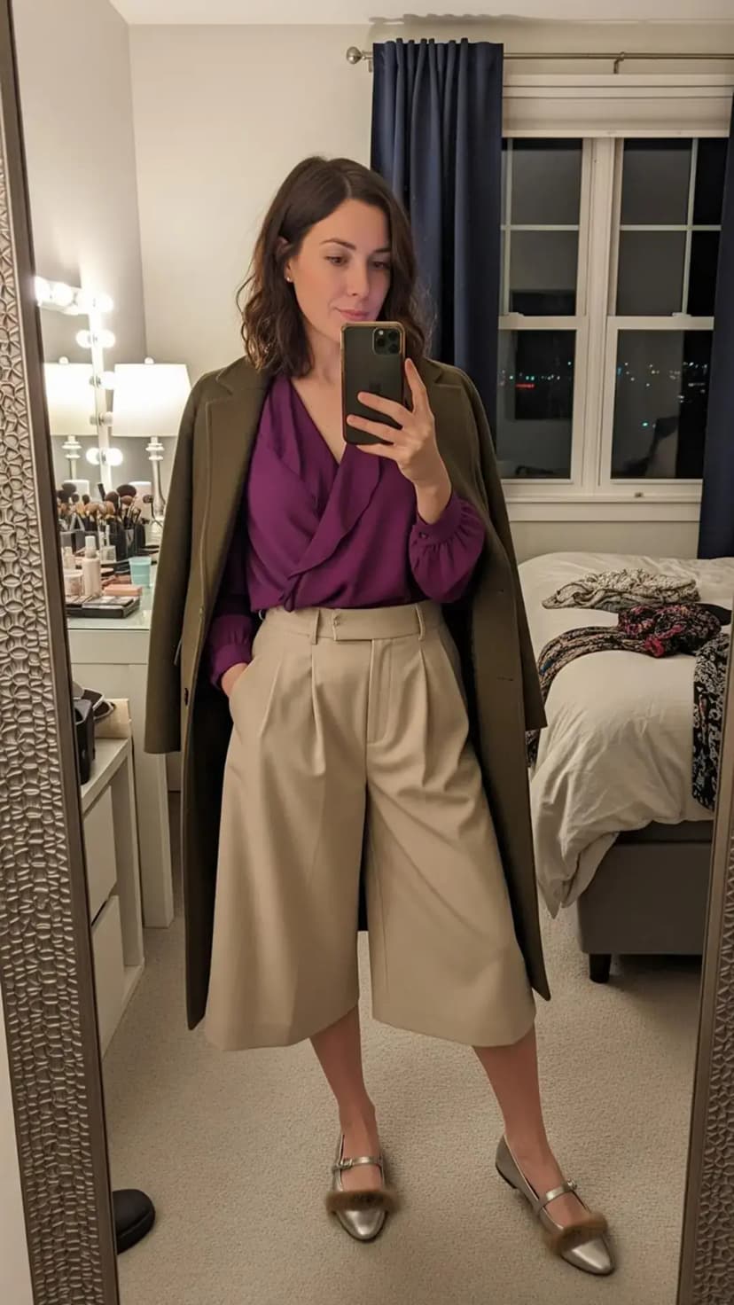 Plum Ruffle Blouse + Beige Culottes + Olive Wool Coat + Silver Mary Janes