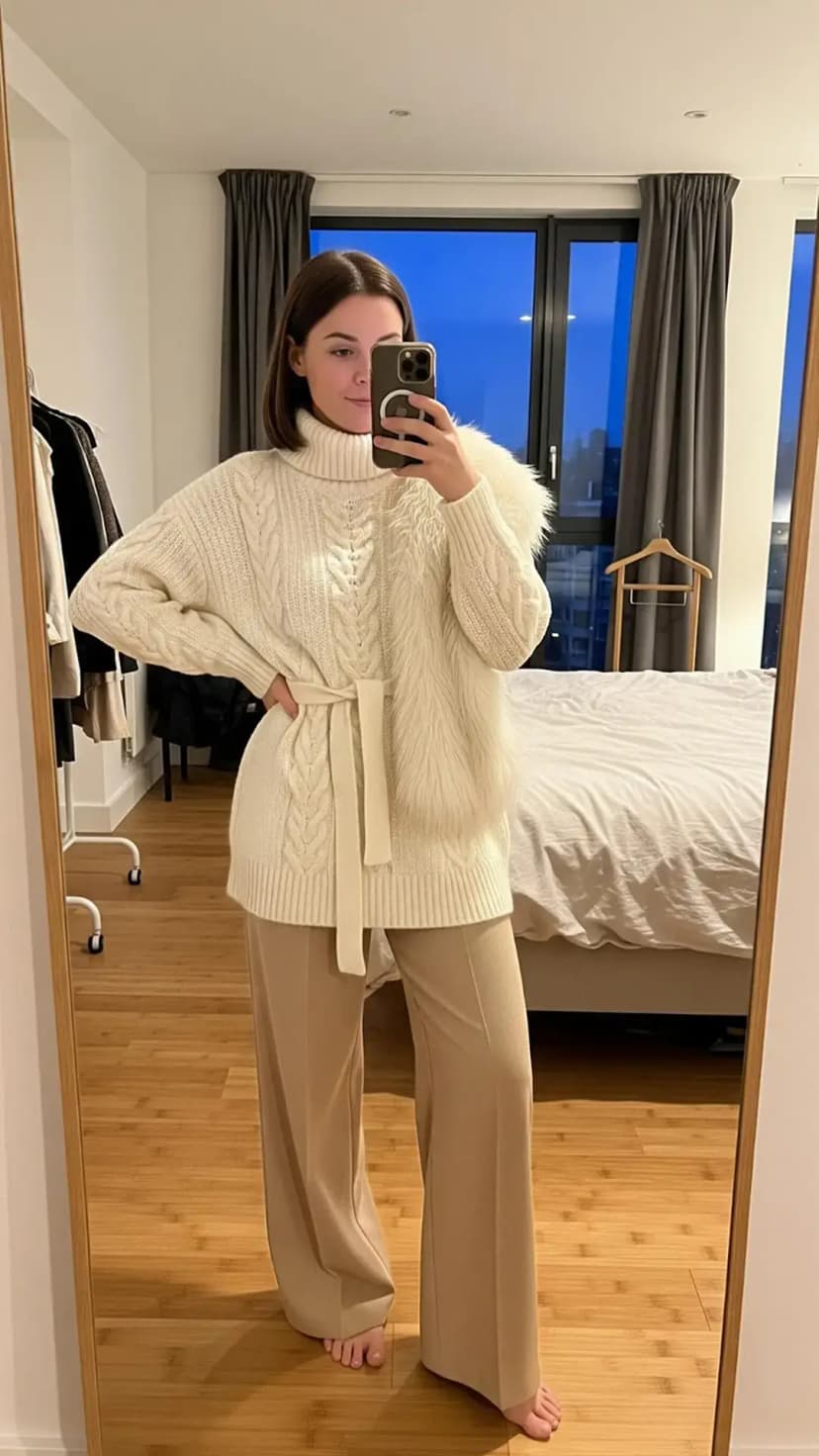 Cream Cable Knit Turtleneck + Beige Wide Leg Trousers + Faux Fur Stole