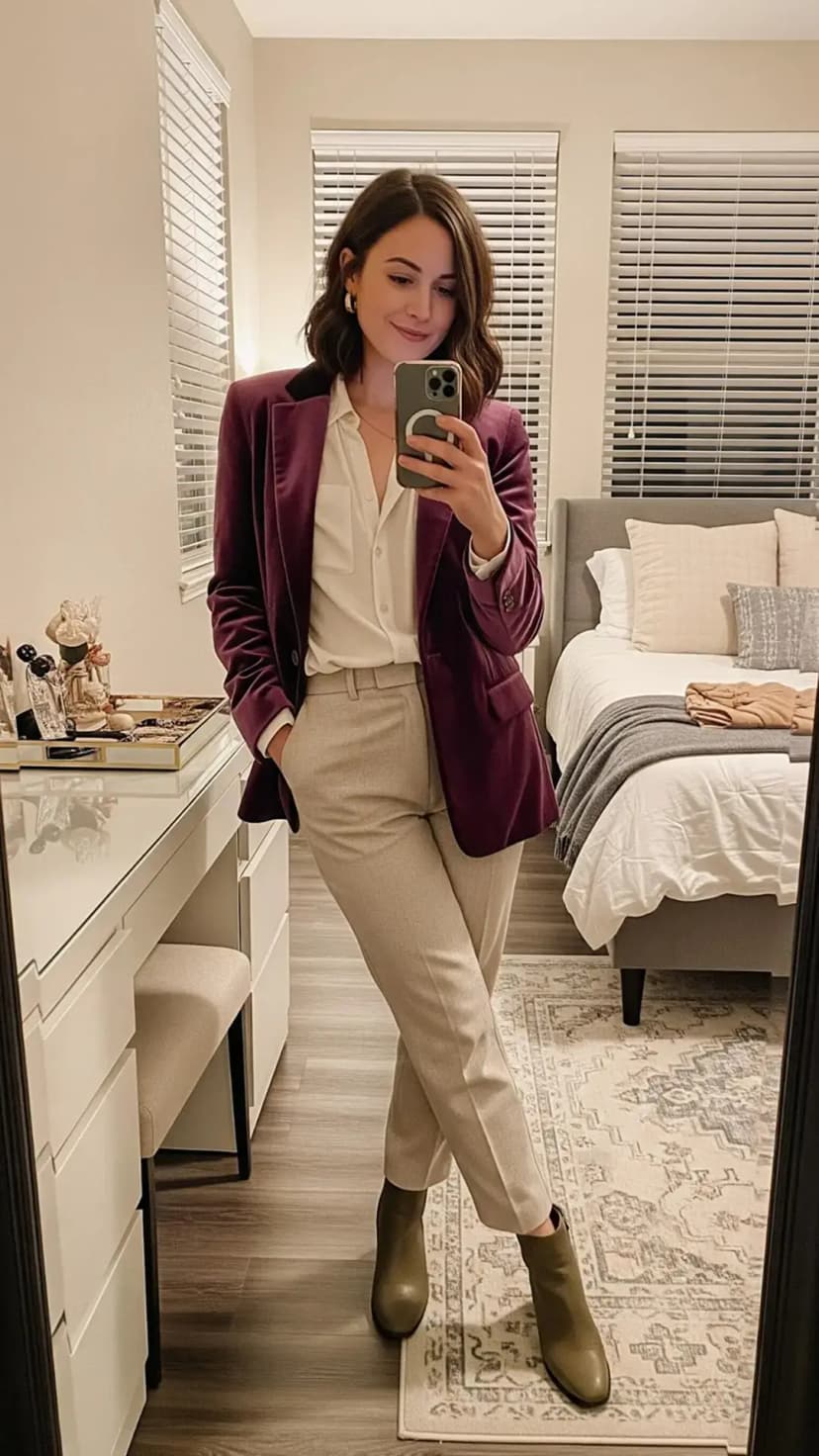 White Silk Button-Down + Beige Tailored Trousers + Plum Velvet Blazer + Olive Ankle Boots