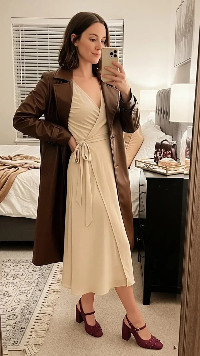 Cream Wrap Midi Dress + Chocolate Leather Trench + Burgundy Block Heel Mary Janes