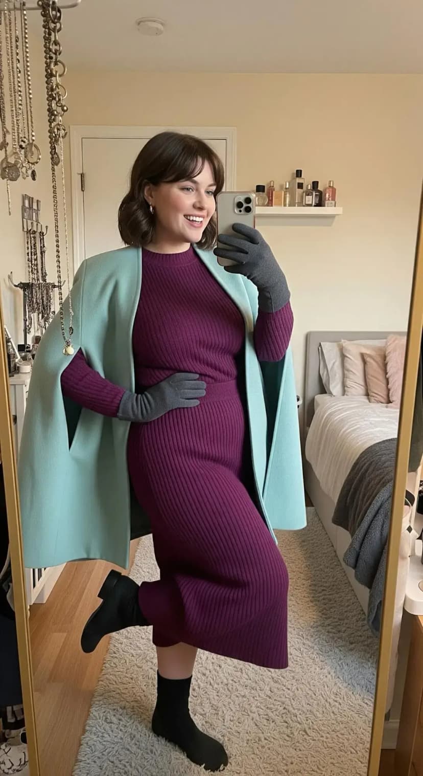 Plum Ribbed Knit Set + Mint Wool Cape + Charcoal Gloves + Black Ankle Boots