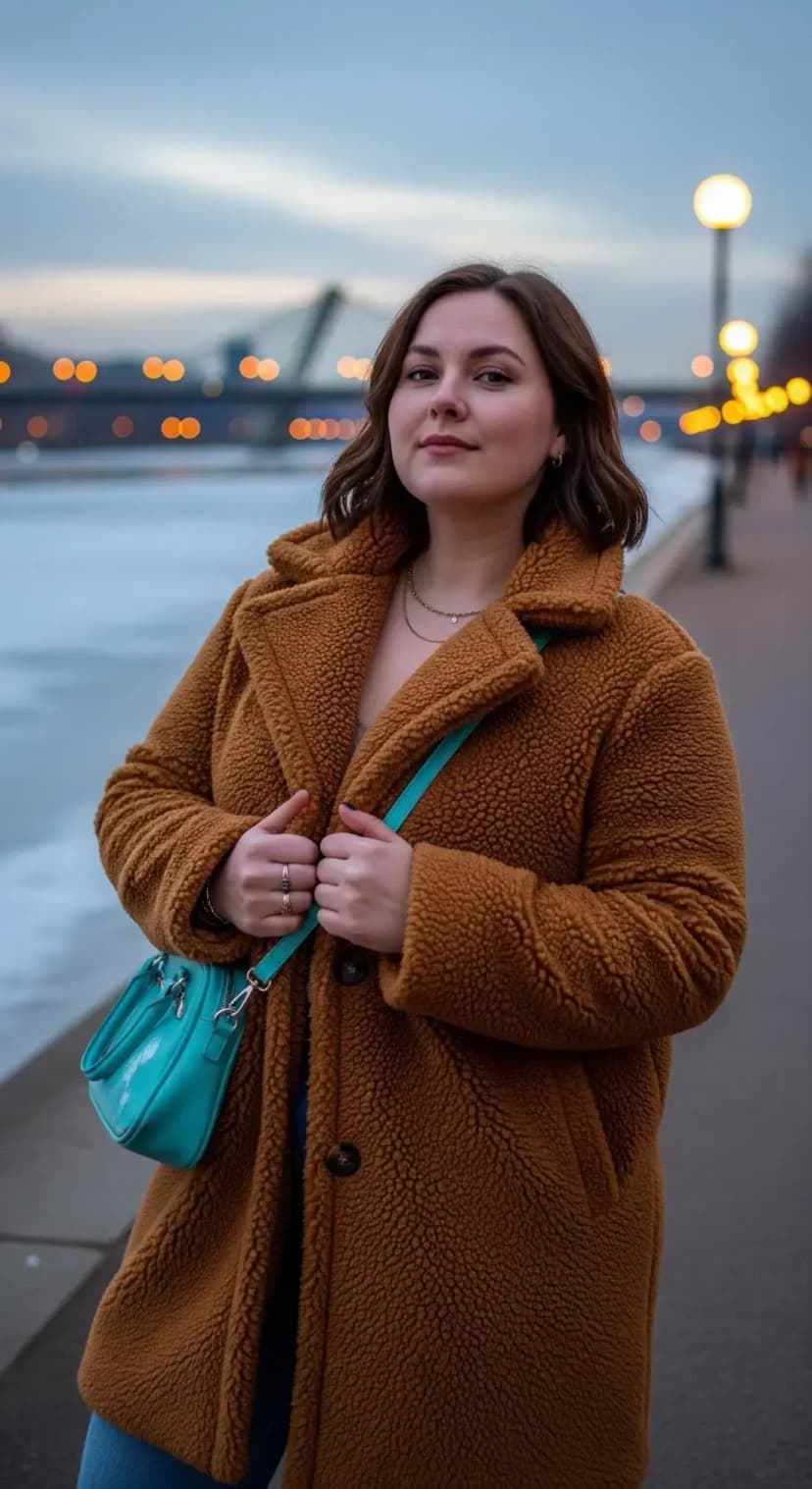 Tan Coat + Turquoise Mini Bag