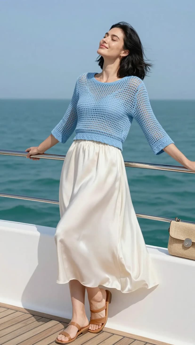 Blue Crochet Knit Top + Cream Satin Maxi Skirt