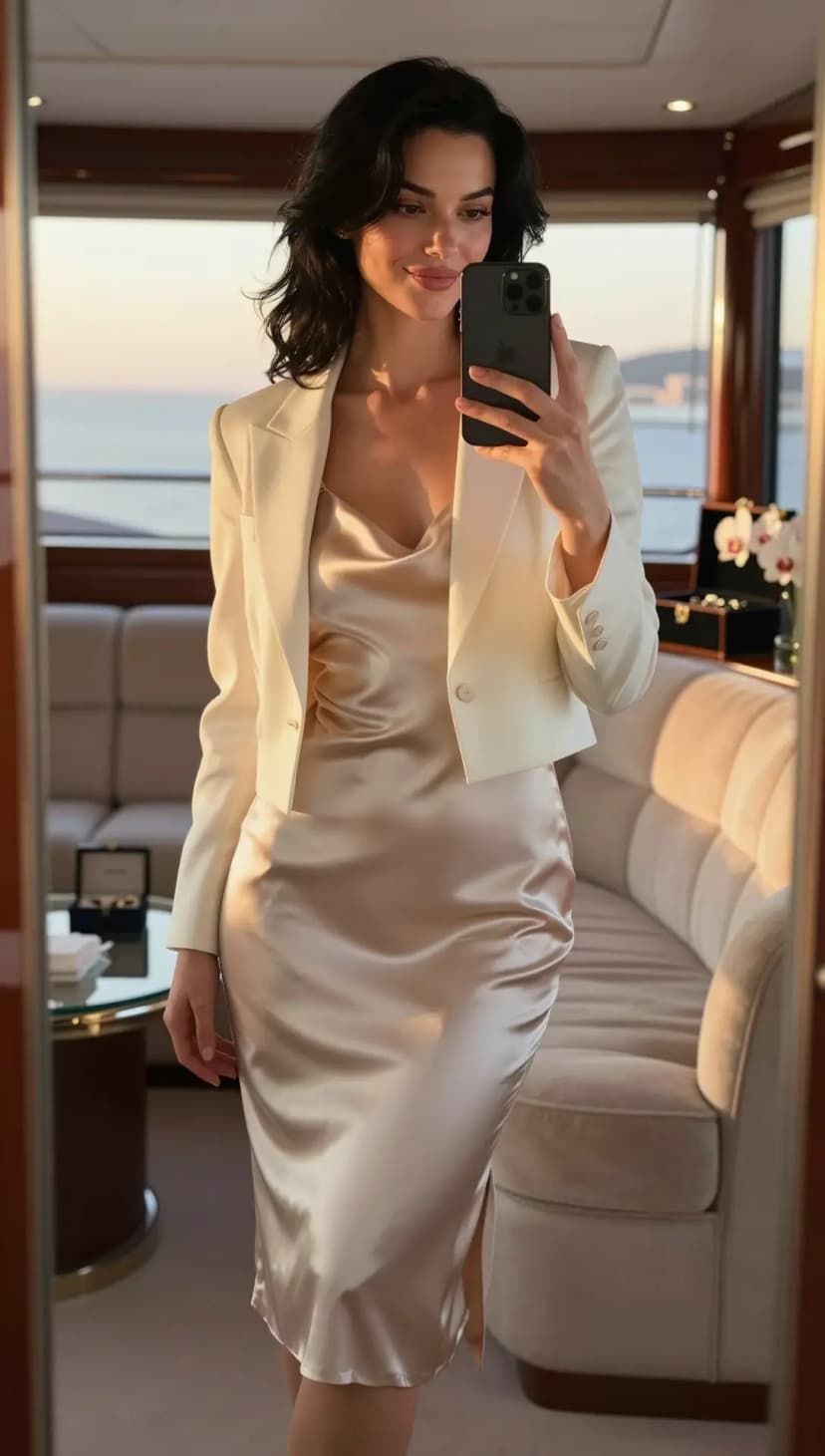 Cream Cropped Blazer + Champagne Satin Midi Dress