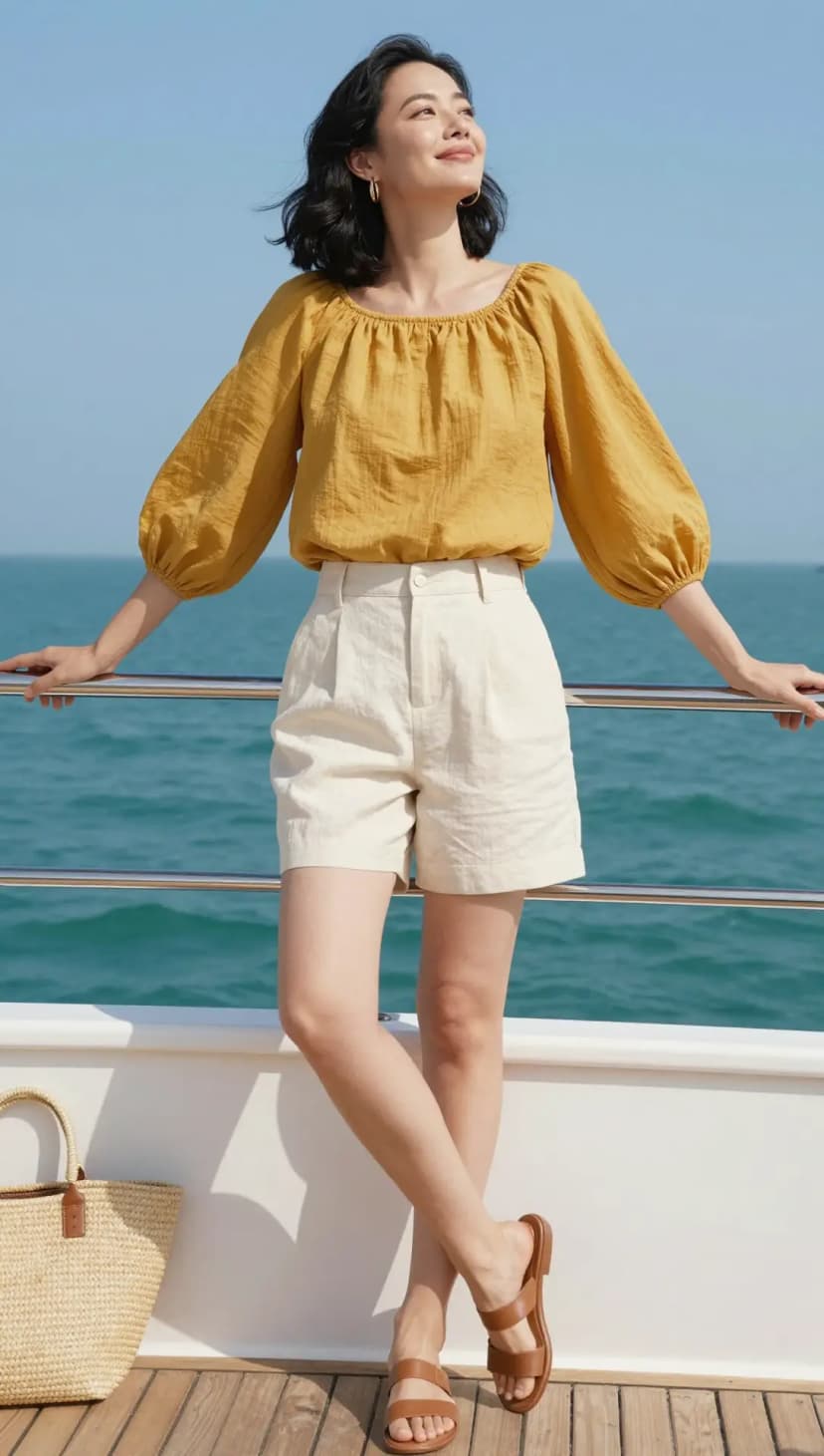 Yellow Linen Blouse + Cream Linen Shorts