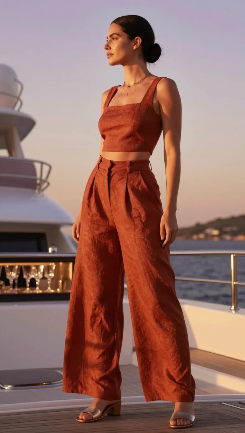 Rust Linen Crop Top + Rust Linen Wide Leg Trousers