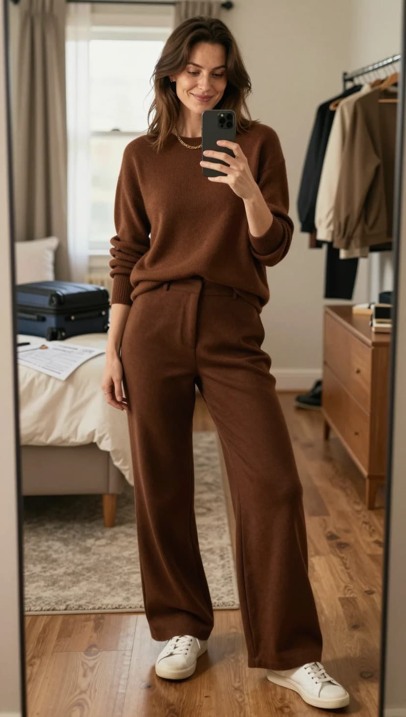 Brown Knit Sweater + Brown Wide-Leg Trousers + White Leather Sneakers