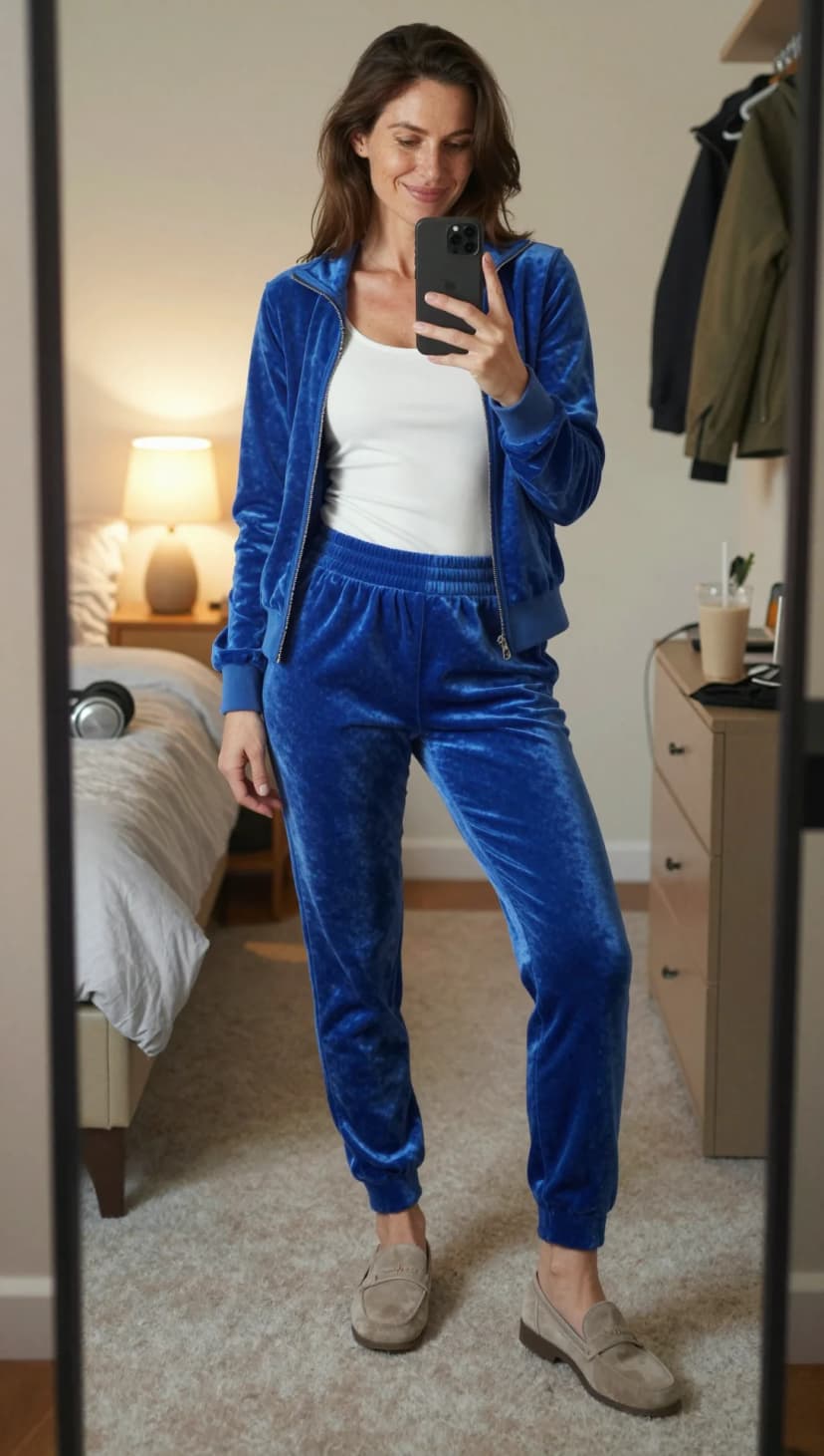 Royal Blue Velvet Track Jacket + Royal Blue Velvet Joggers + White Tank Top + Taupe Suede Loafers