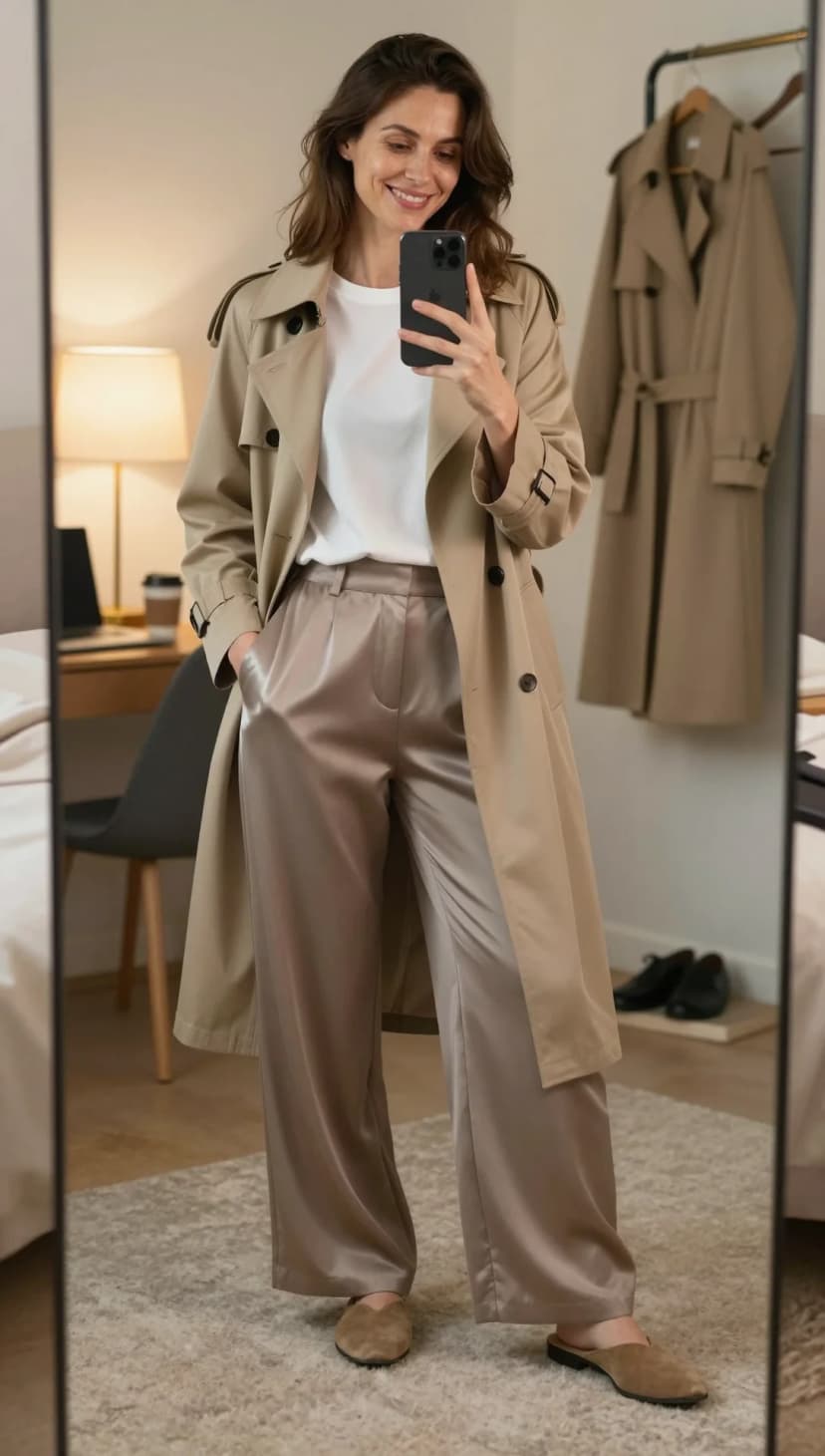 White Cotton T-Shirt + Taupe Satin Wide-Leg Trousers + Beige Cotton Trench Coat + Taupe Suede Mules