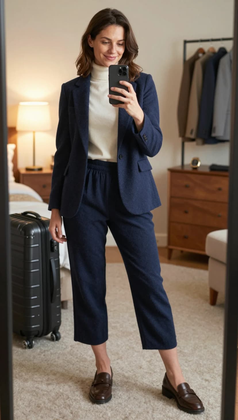 Navy Wool Blazer + Cream Turtleneck Sweater + Navy Wool Cropped Trousers + Brown Leather Loafers