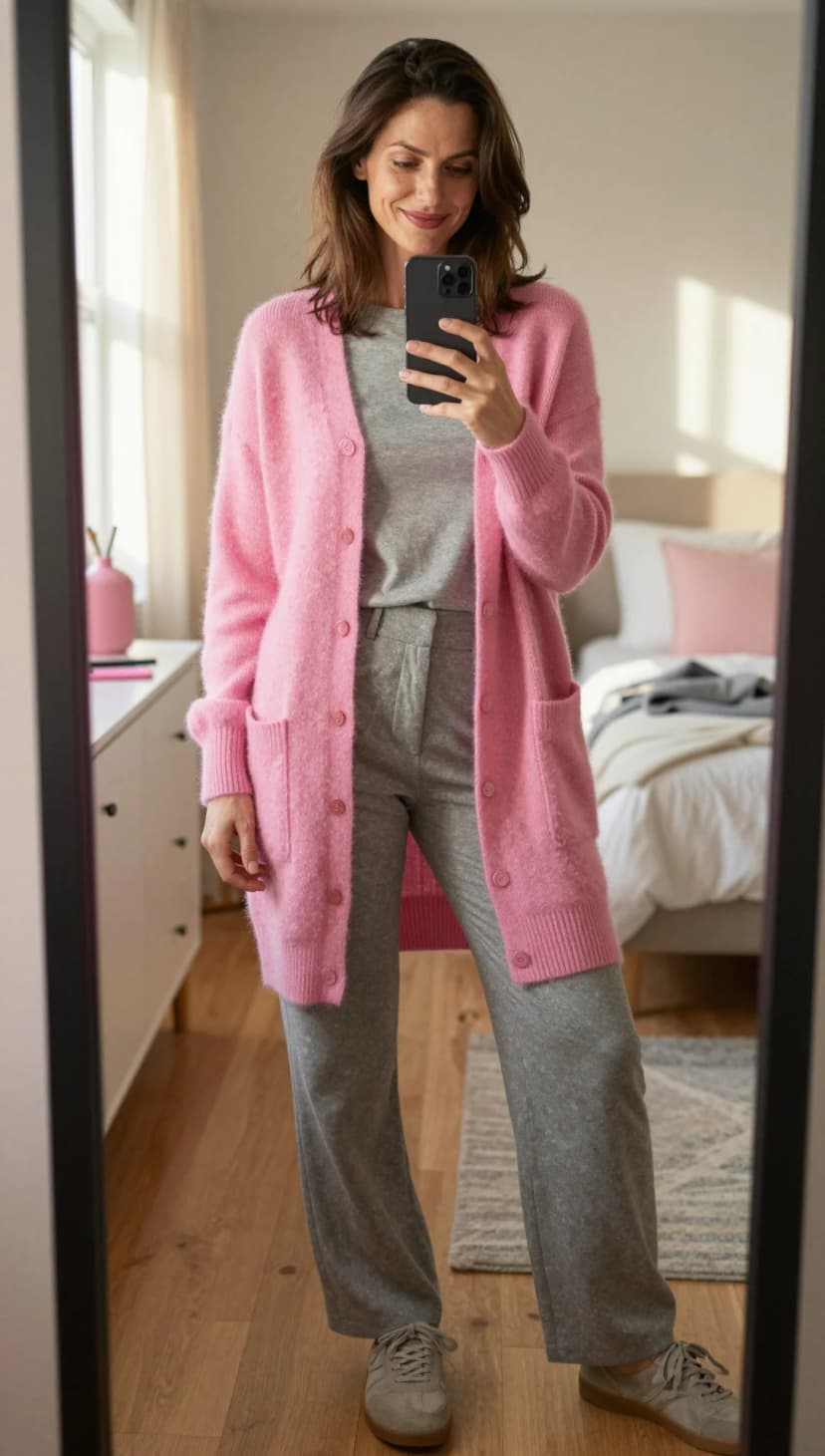 Pink Mohair Cardigan + Grey Jersey Tee + Grey Velour Trousers + Taupe Sneakers