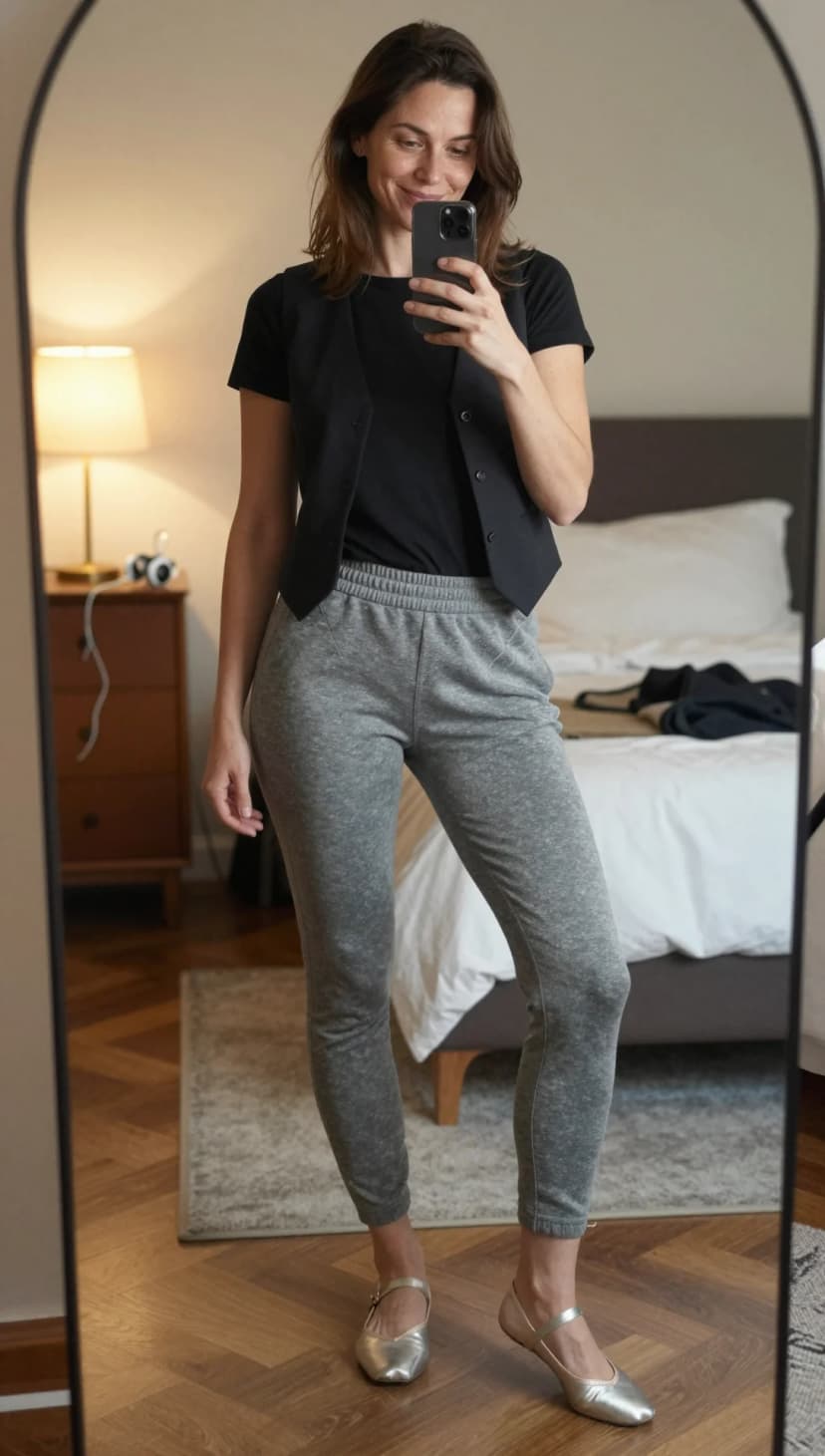 Black T-Shirt + Black Vest + Grey Sweatpants + Silver Flats