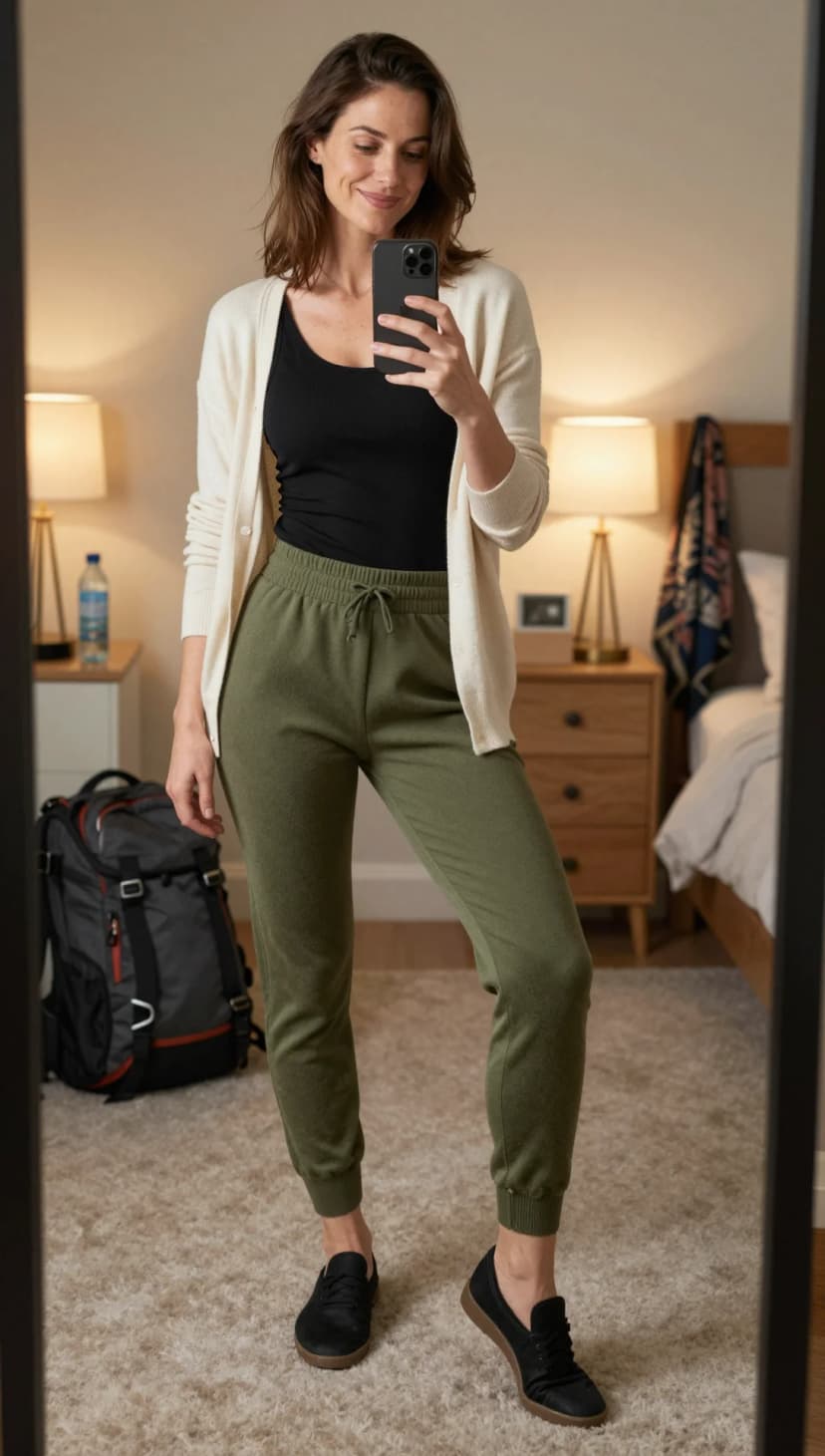Cream Knit Cardigan + Black Ribbed Tank Top + Olive Green Joggers + Black Sneakers