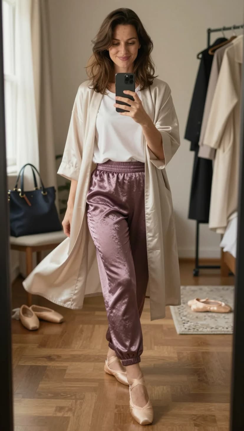 Cream Satin Robe + White Cotton T-Shirt + Dusty Rose Silk Trousers + Nude Ballet Flats