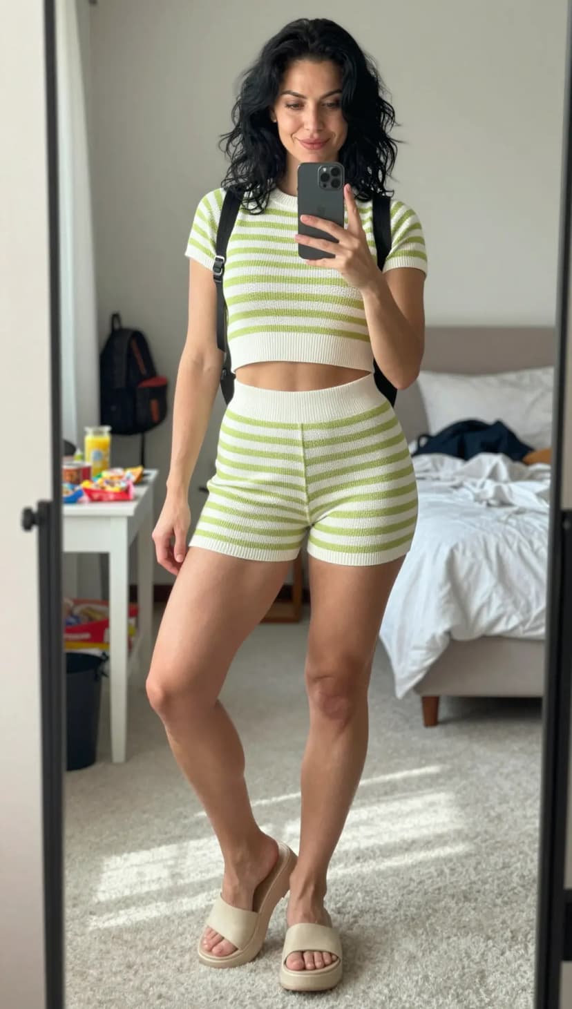 Green Striped Knit Crop Top + Green Striped Knit Shorts + Cream Platform Slides