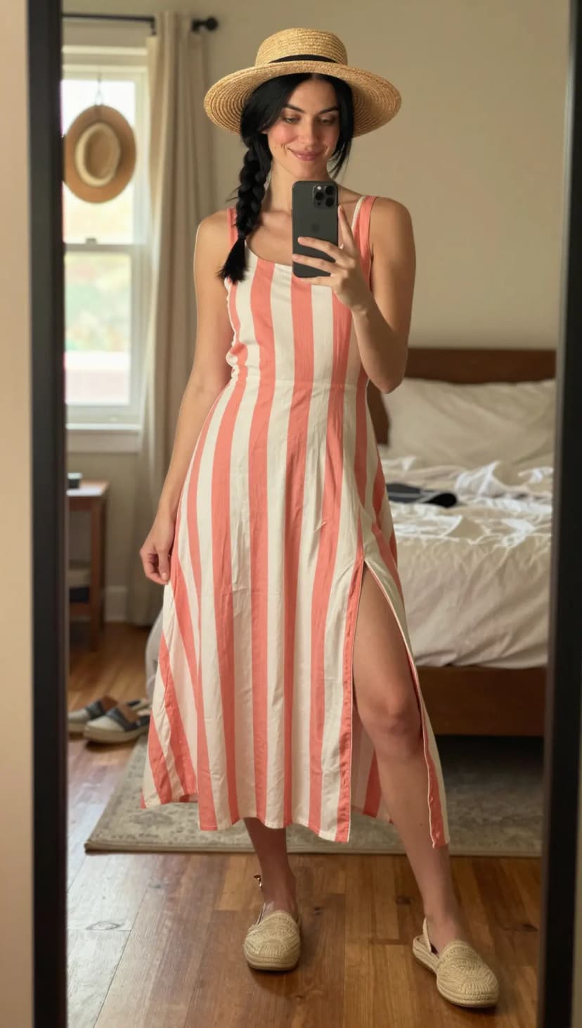 Coral and White Stripe Linen Midi Dress + Straw Boater Hat + Woven Espadrille Flats