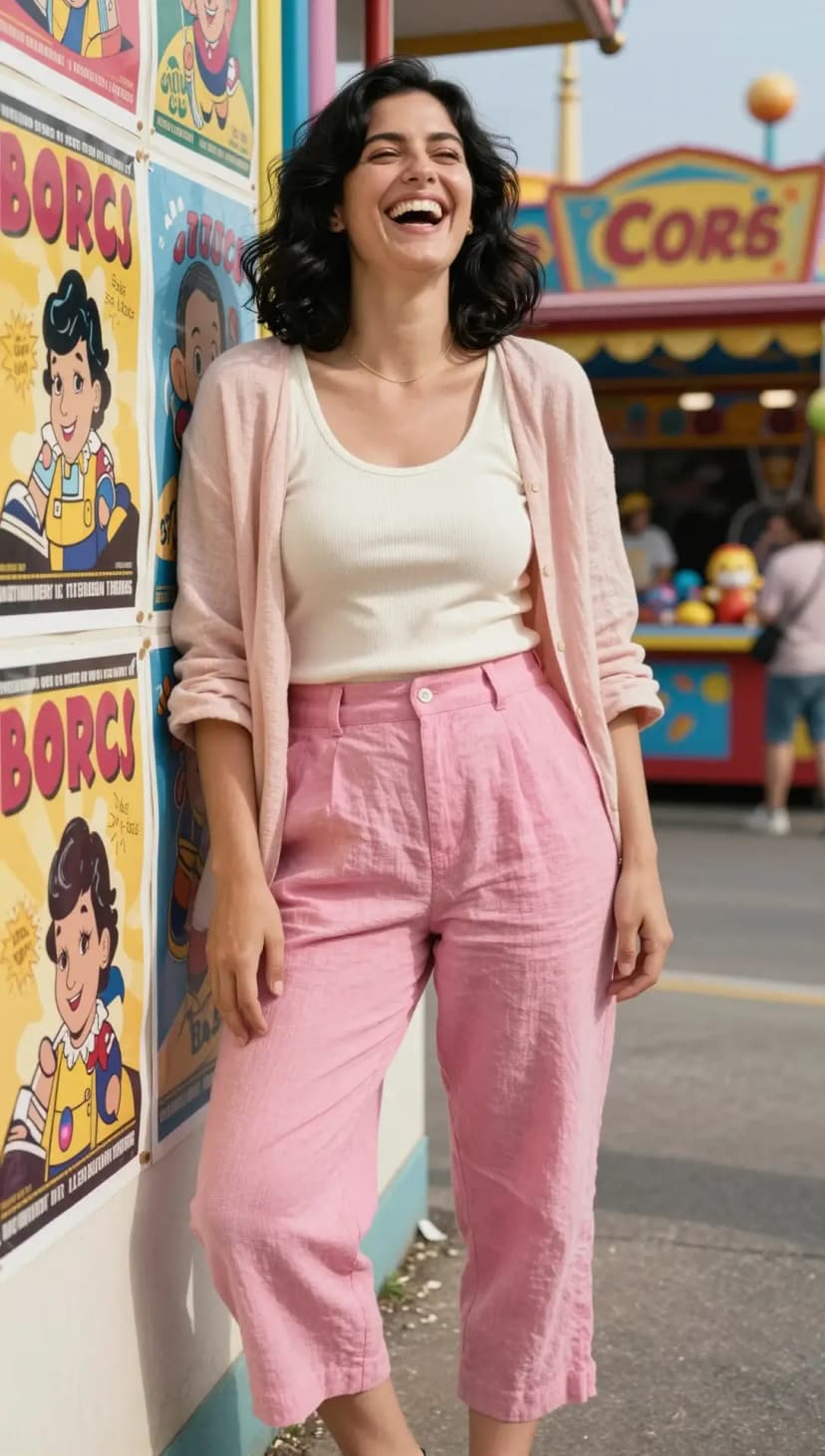 Cream Ribbed Tank Top + Pink Linen Trousers + Pink Linen Cardigan