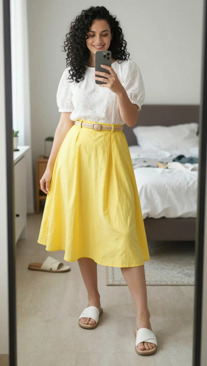 White Broderie Anglaise Puff Sleeve Top + Yellow Linen Midi Skirt + Beige Woven Belt + White Leather Slides