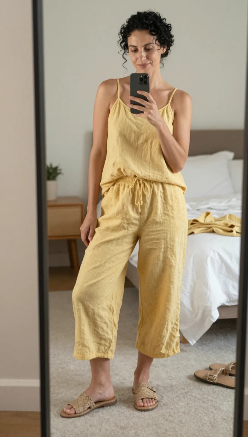 Yellow Linen Tank + Yellow Linen Wide-Leg Cropped Pants + Tan Woven Slides