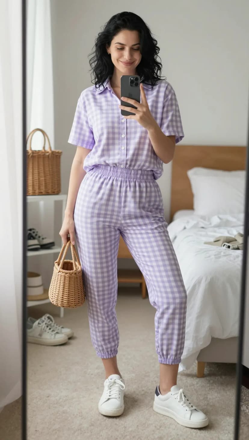 Lavender Gingham Cotton Short Sleeve Shirt + Lavender Gingham Cotton Jogger Pants + White Leather Sneakers
