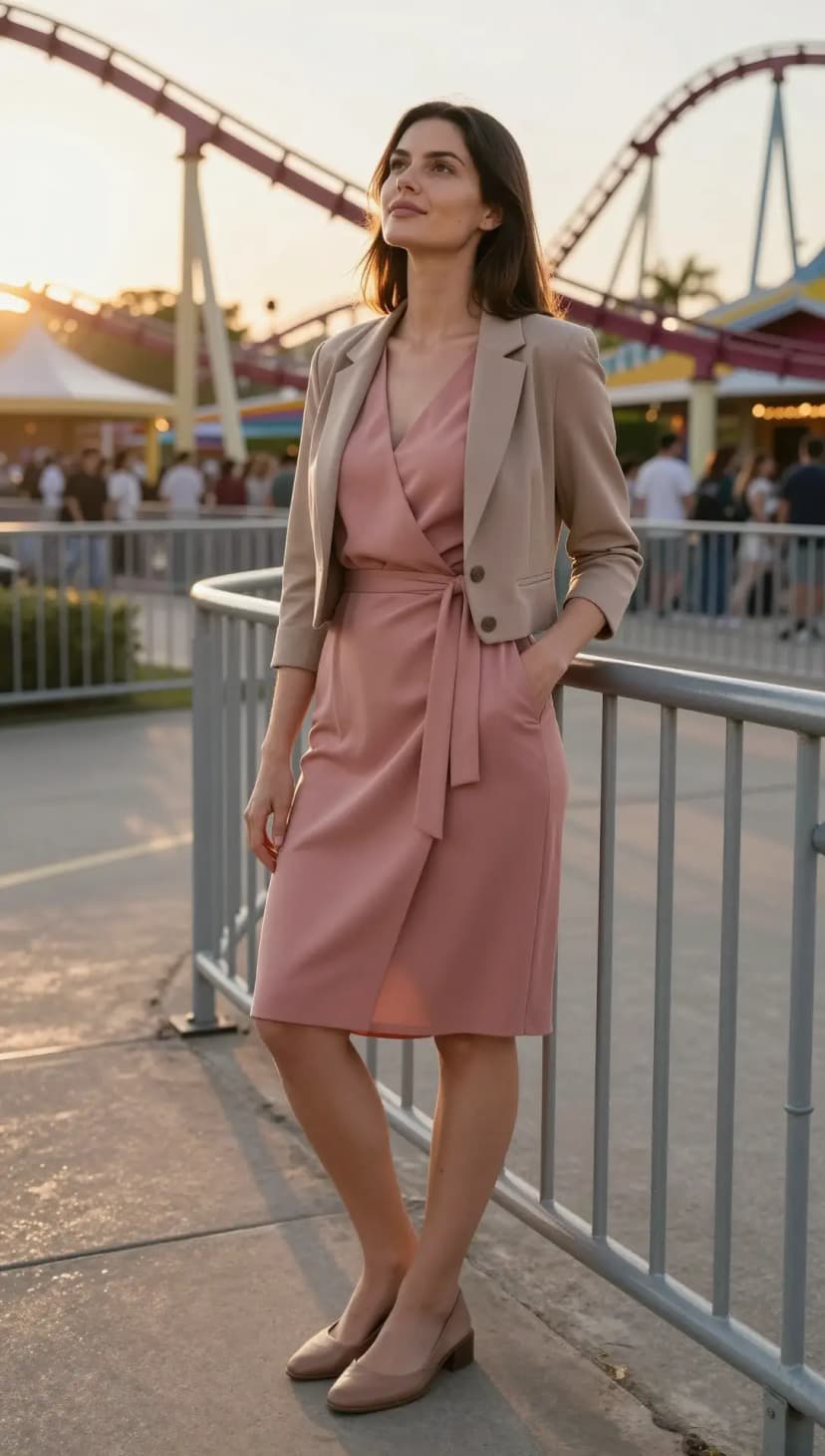 Pink Wrap Midi Dress + Beige Cropped Blazer + Taupe Block Heels