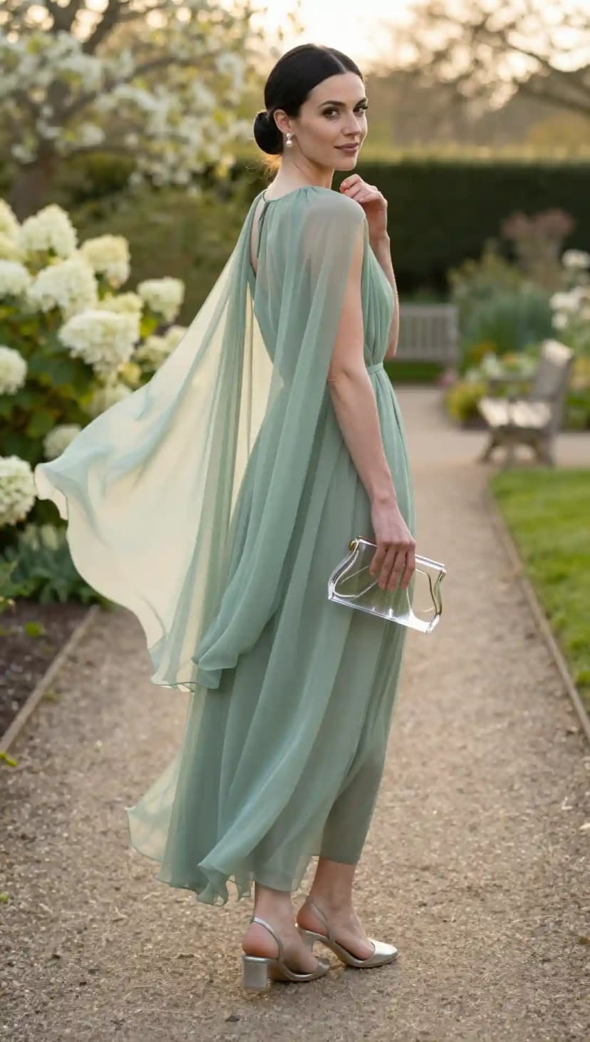 Woman outdoors wearing a flowing sage green chiffon dress with an attached sheer capelet and silver block heels.