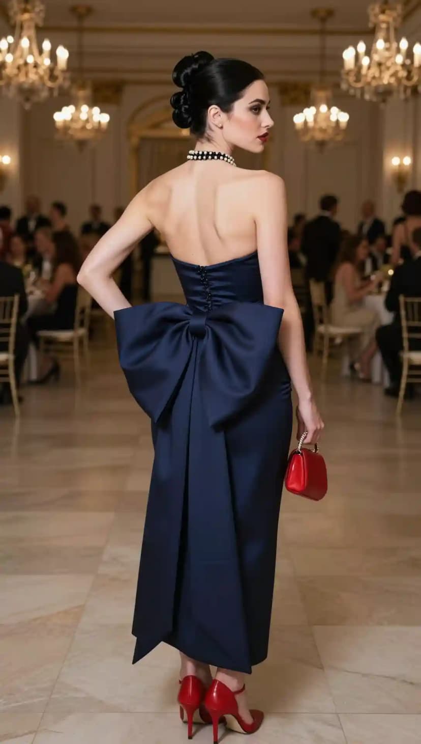Woman walking away from the camera in a navy satin strapless gown with a large bow on the back, holding a red mini bag.