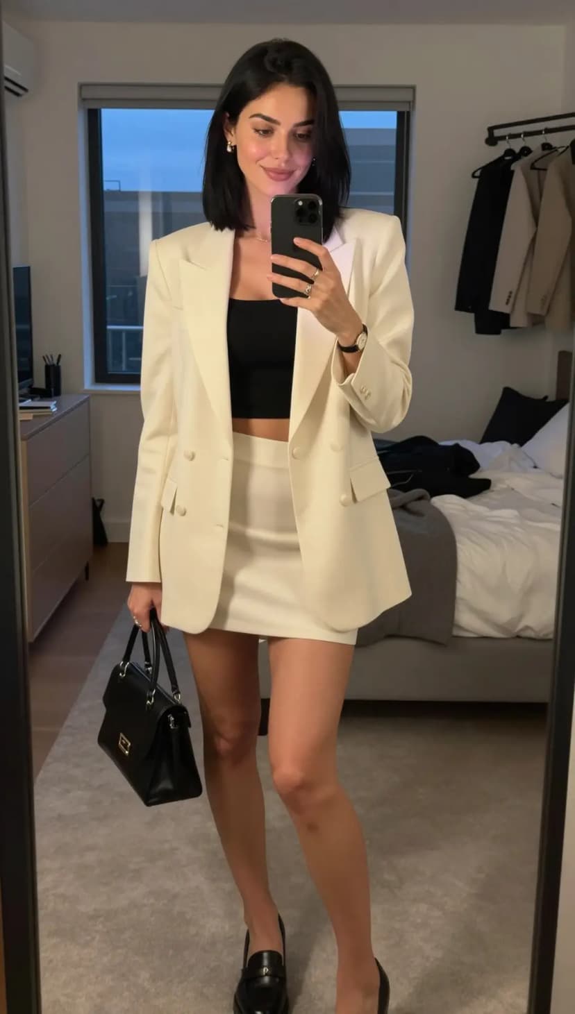 Cream Wool Blazer + Black Ribbed Crop Top + Cream Wool Mini Skirt