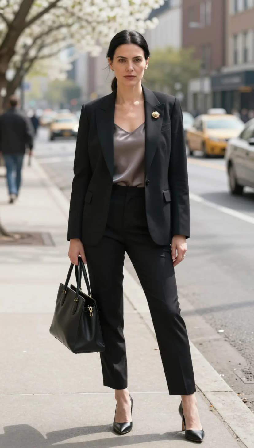 Black Wool Blazer + Grey Satin Camisole + Black Wool Trousers
