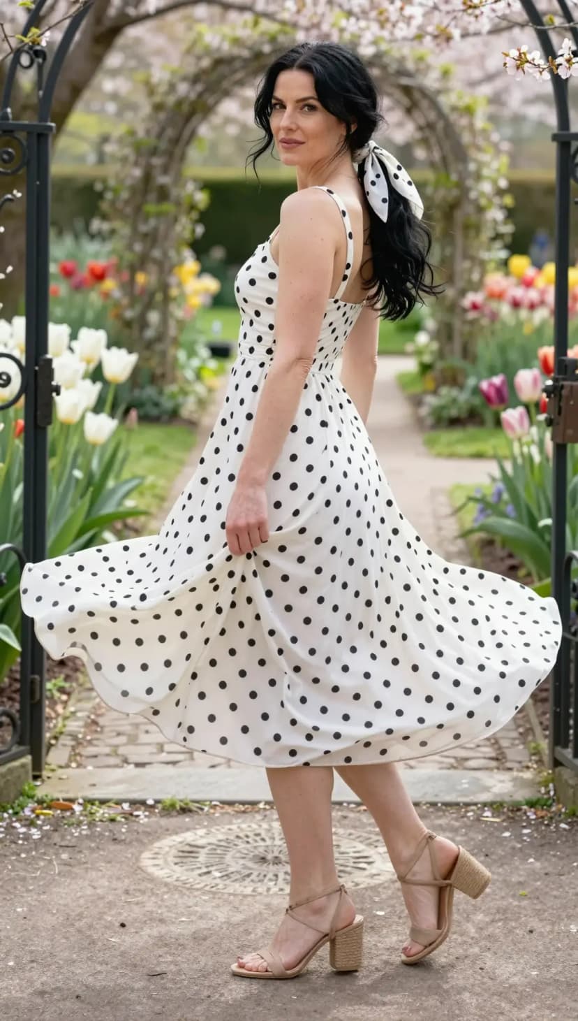 White Polka Dot Cotton Dress + Nude Suede Strappy Heels
