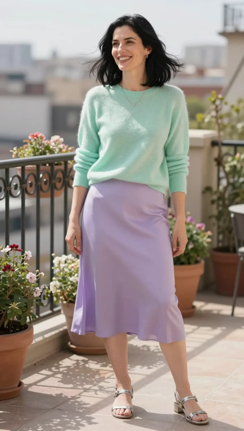 Mint Cashmere Sweater + Lavender Satin Midi Skirt + Silver Block Heel Sandals
