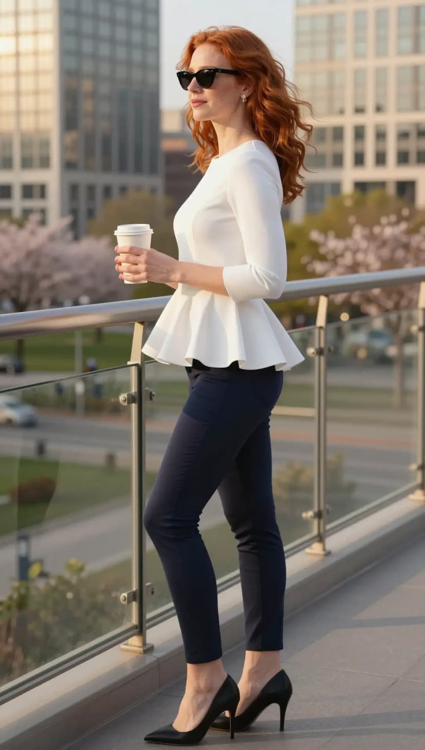 White Peplum Top + Navy Slim Fit Trousers + Black Pointed Heels