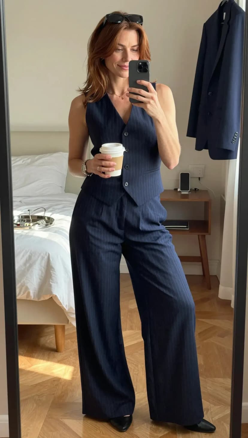 Navy Pinstripe Wool Vest + Navy Pinstripe Wool Wide-Leg Trousers + Black Leather Pointed-Toe Flats