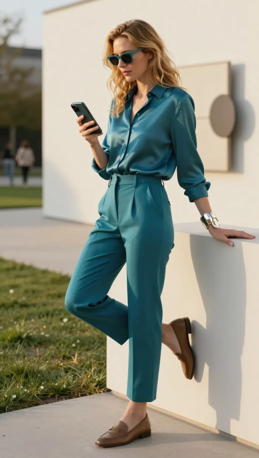 Teal Silk Button-Up Shirt + Teal High-Waisted Trousers + Brown Leather Loafers