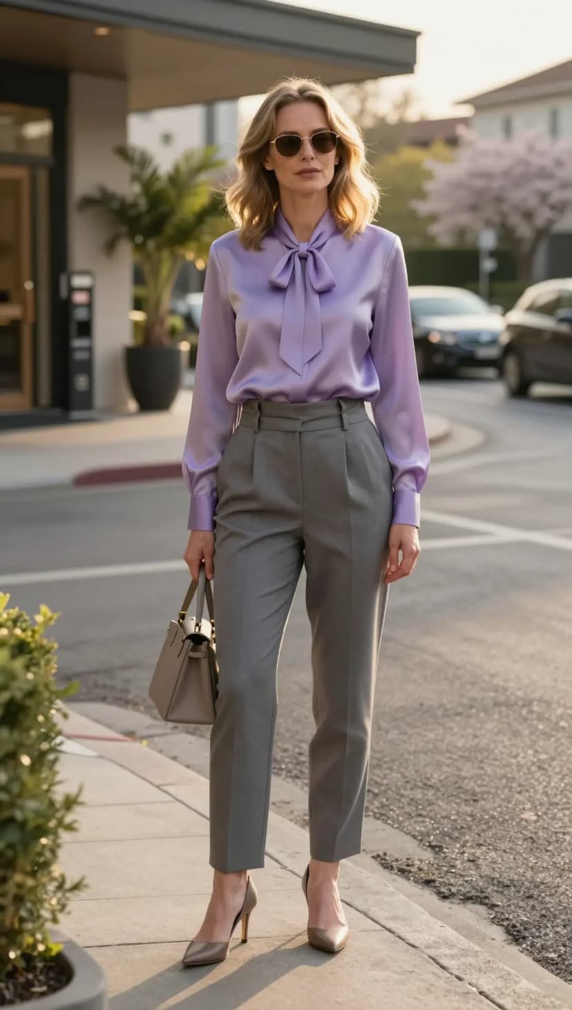 Lavender Satin Bow Blouse + Grey Pleated Trousers + Taupe Pointed-Toe Heels