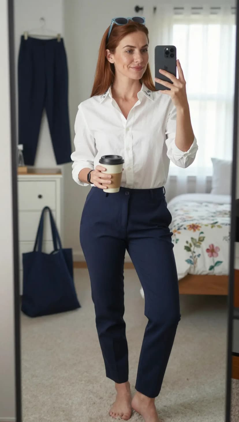 White Cotton Button-Up Shirt + Navy Wool Trousers