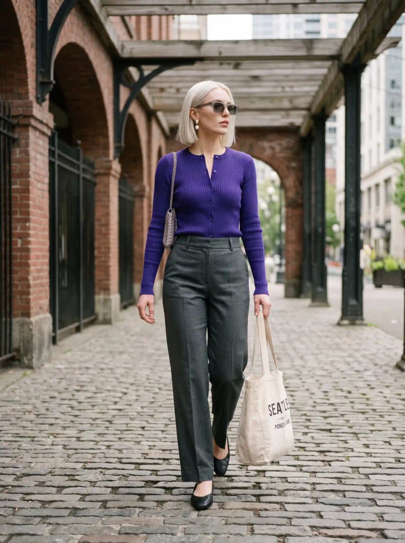 Purple Ribbed Cardigan + Grey Tailored Trousers