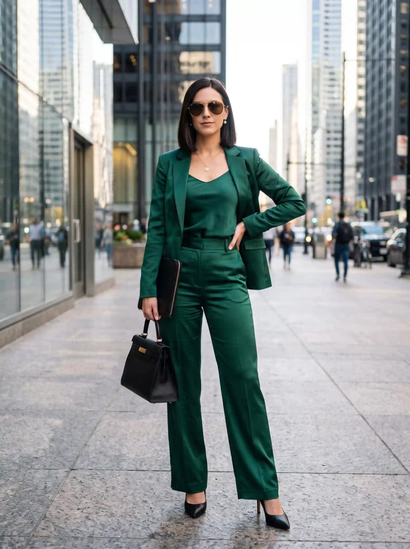 Emerald Green Satin Camisole + Green Blazer + Green Trousers