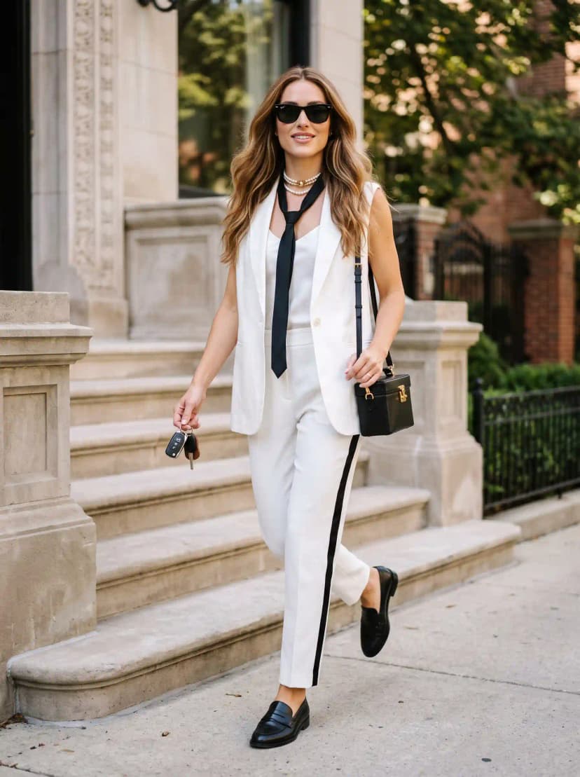 White Sleeveless Blazer + White Tank + White Trousers with Black Stripe