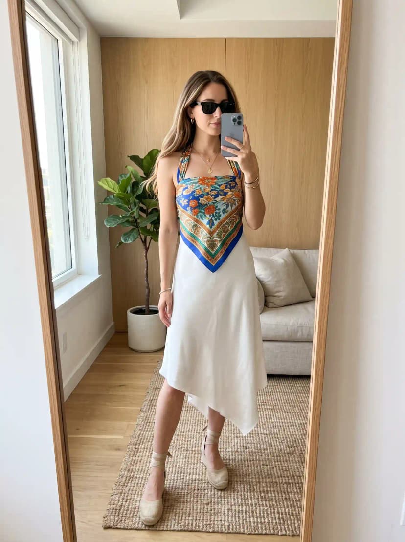 White Asymmetrical Midi Dress with Scarf-Print Halter