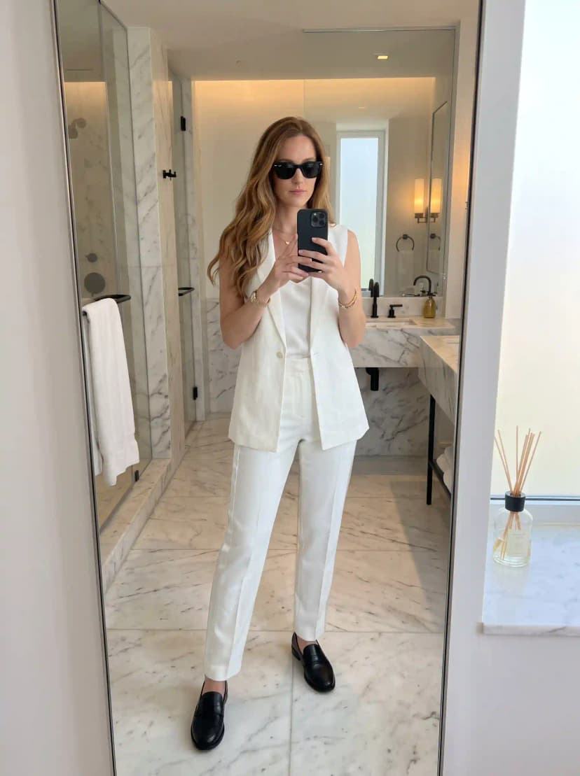 White Sleeveless Linen Blazer + White Tank + White Trousers