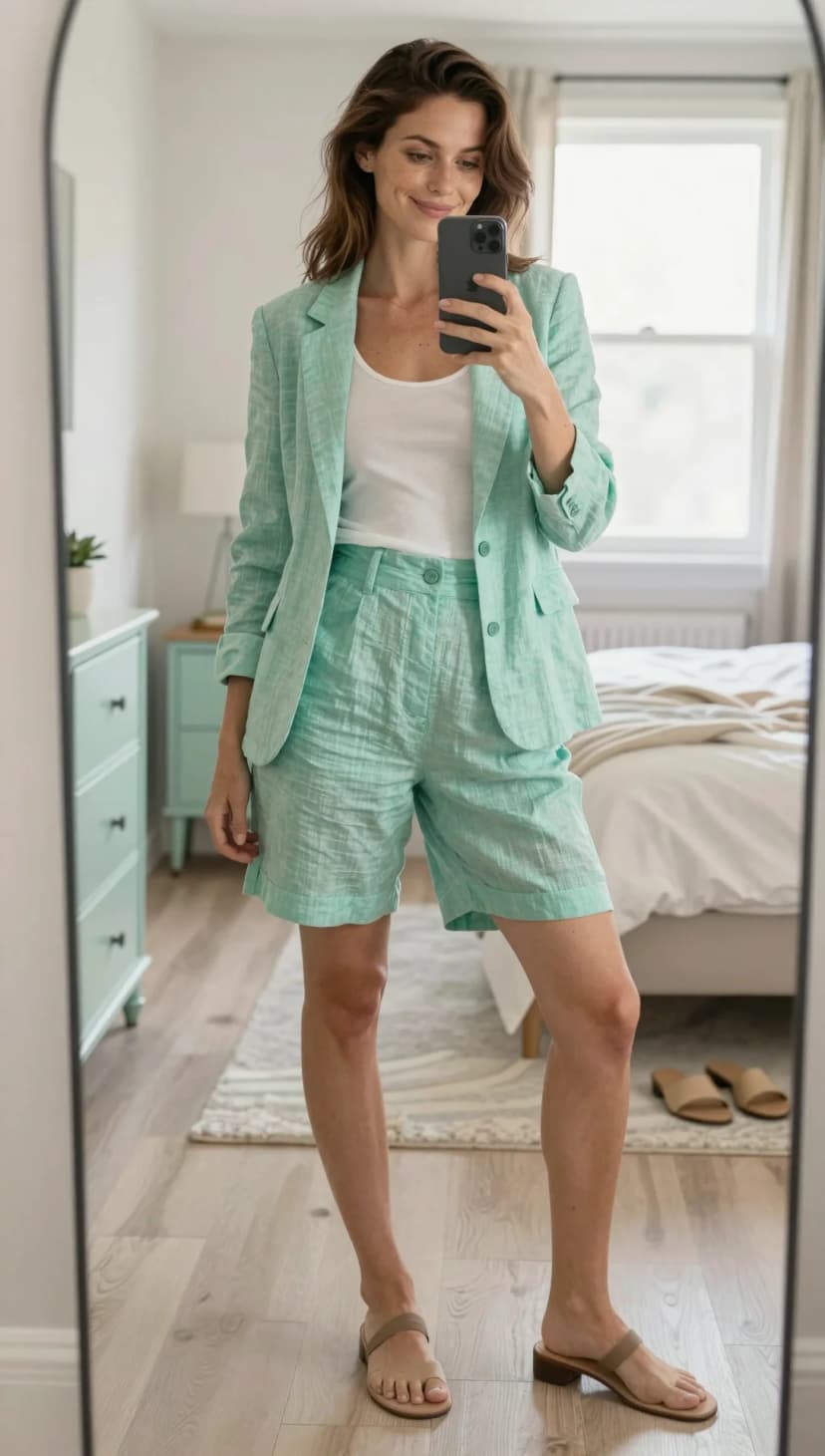 Mint Linen Blazer + Mint Linen Shorts + White Tank Top + Taupe Slide Sandals