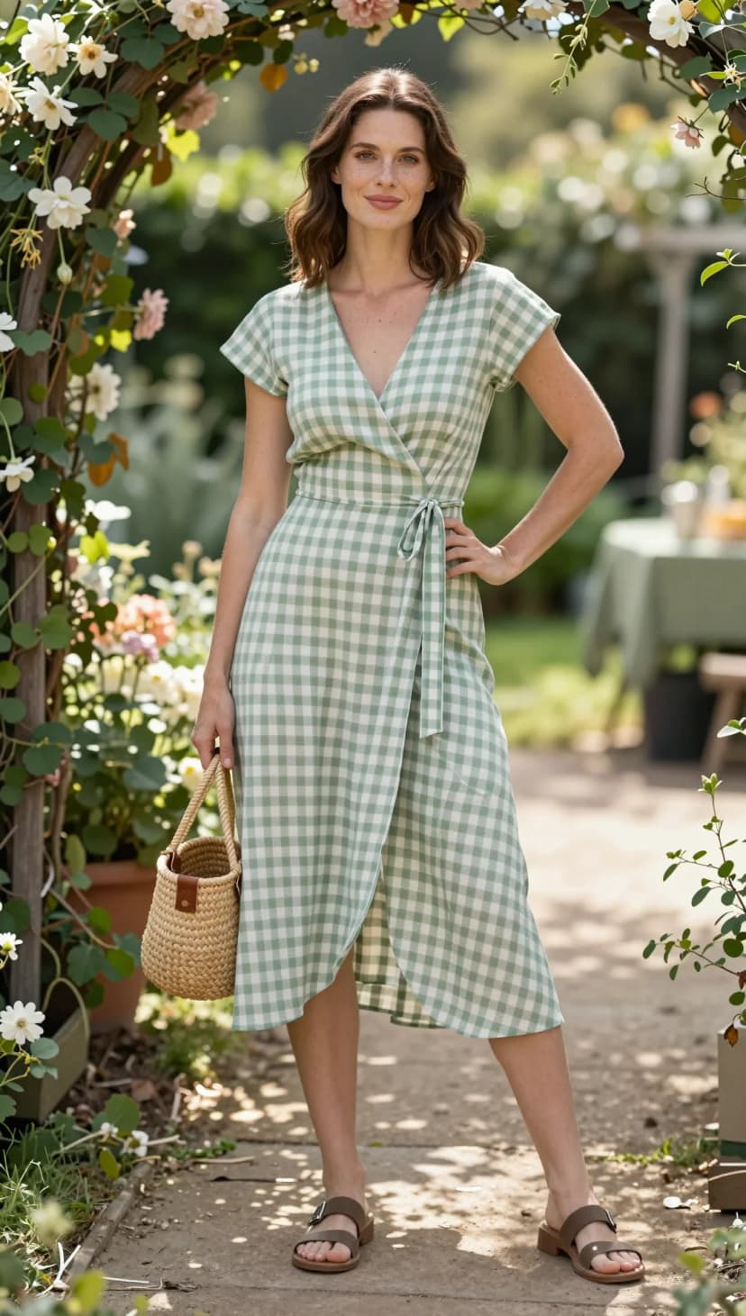 Green Gingham Wrap Midi Dress + Brown Slide Sandals + Woven Tote Bag